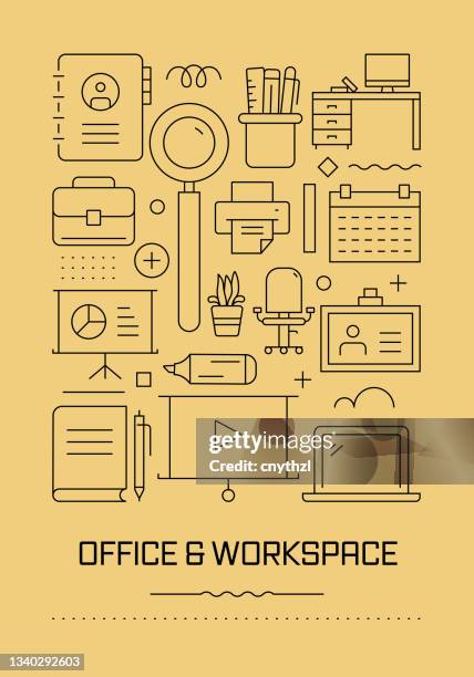 office and workspace related modern line design brochure, poster, flyer, presentation template vector illustration - post it note desk stock illustrations
