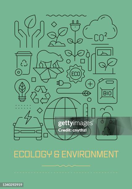 ökologie und umwelt related modern line design broschüre, poster, flyer, präsentationsvorlage vektorillustration - klimaschutz stock-grafiken, -clipart, -cartoons und -symbole