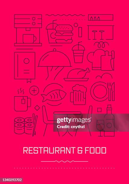 restaurant und essen related modern line design broschüre, poster, flyer, präsentation vorlage vektor illustration - dining presentation food stock-grafiken, -clipart, -cartoons und -symbole