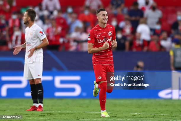 Luka Sucic of RB Salzburg celebrates after scoring their team's first goal during the UEFA Champions League group G match between Sevilla FC and RB...