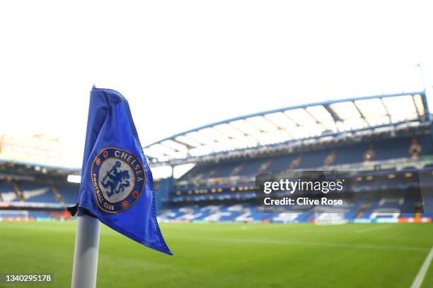 Detailed view of the Chelsea corner flag inside the stadium prior to the UEFA Champions League group H match between Chelsea FC and Zenit St....