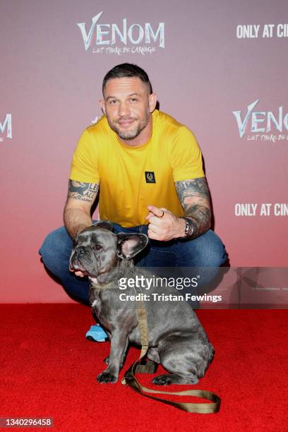Tom Hardy and his dog Blue attend the fan screening of "Venom: Let There Be Carnage" at Cineworld Leicester Square on September 14, 2021 in London,...