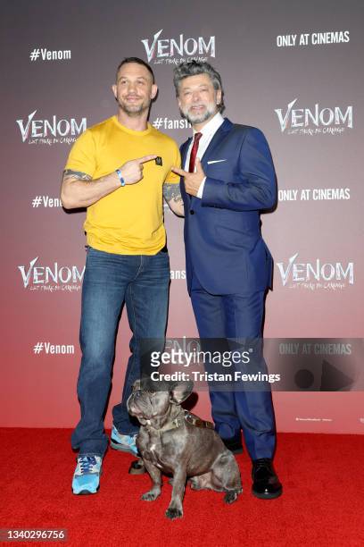 Tom Hardy, his dog Blue and Andy Serkis attend the fan screening of "Venom: Let There Be Carnage" at Cineworld Leicester Square on September 14, 2021...