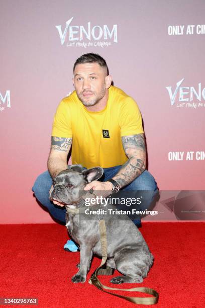 Tom Hardy and his dog Blue attend the fan screening of "Venom: Let There Be Carnage" at Cineworld Leicester Square on September 14, 2021 in London,...