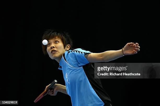 Ching Cheng of Chinese Taipei serves against Kasumi Ishikawa of Japan in a preliminary group match during the ITTF Pro Tour Table Tennis Grand Finals...