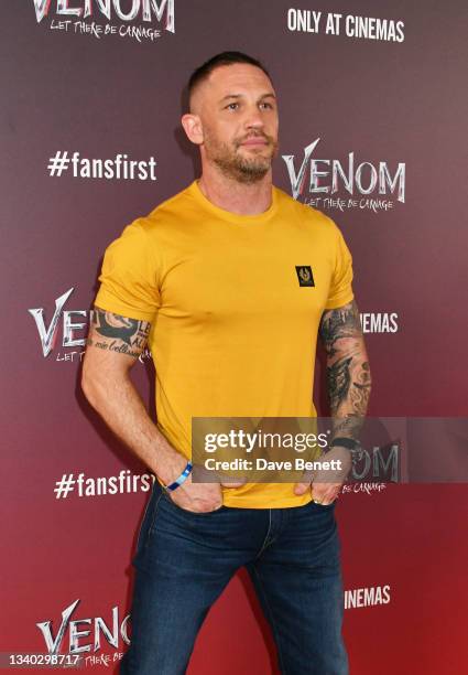 Tom Hardy attends a fan screening of "Venom: Let There Be Carnage" at Cineworld Leicester Square on September 14, 2021 in London, England.