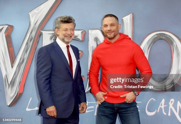 Andy Serkis and Tom Hardy attend the fan screening of "Venom: Let There Be Carnage" at Cineworld Leicester Square on September 14, 2021 in London,...