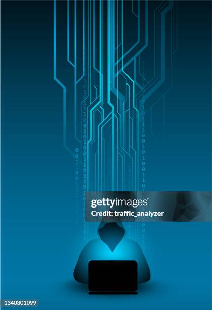 hacker in a hoodie - laptop dark background stock illustrations