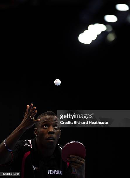 Darius Knight of England serves against Tzu-Hsiang Hung of Chinese Taipei in a preliminary group match during the ITTF Pro Tour Table Tennis Grand...