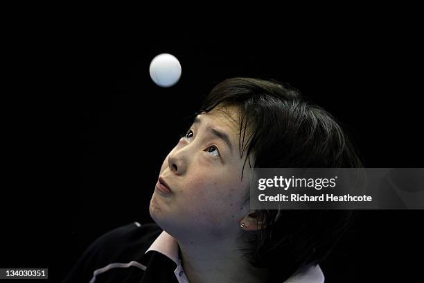 Ji Hee Jeon of Korea serves against Ho Ching Lee of Hong Kong in a preliminary group match during the ITTF Pro Tour Table Tennis Grand Finals at the...