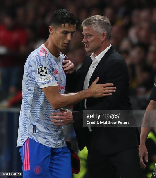 Cristiano Ronaldo of Manchester United is substituted by Manager Ole Gunnar Solskjaer during the UEFA Champions League group F match between BSC...