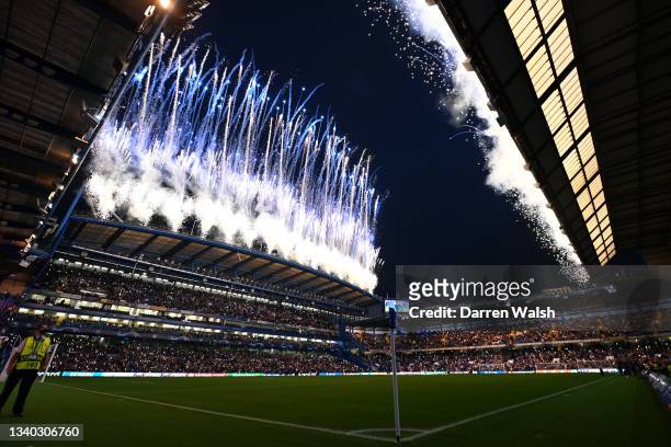 General view inside the stadium of the pre match celebratory fireworks prior to UEFA Champions League group H match between Chelsea FC and Zenit St....