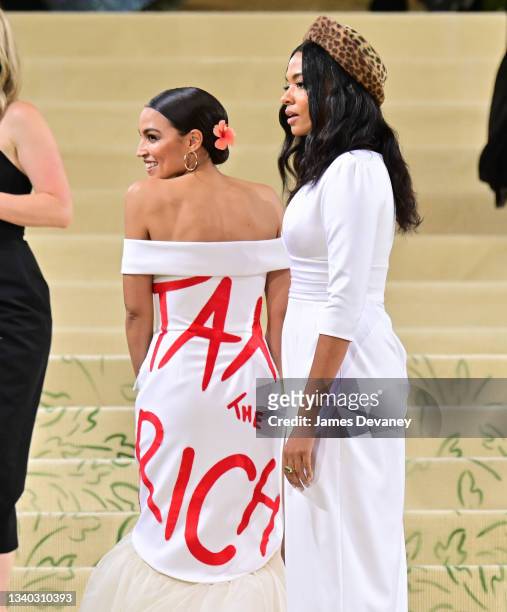Alexandria Ocasio-Cortez and Aurora James arrives to the 2021 Met Gala Celebrating In America: A Lexicon Of Fashion at Metropolitan Museum of Art on...