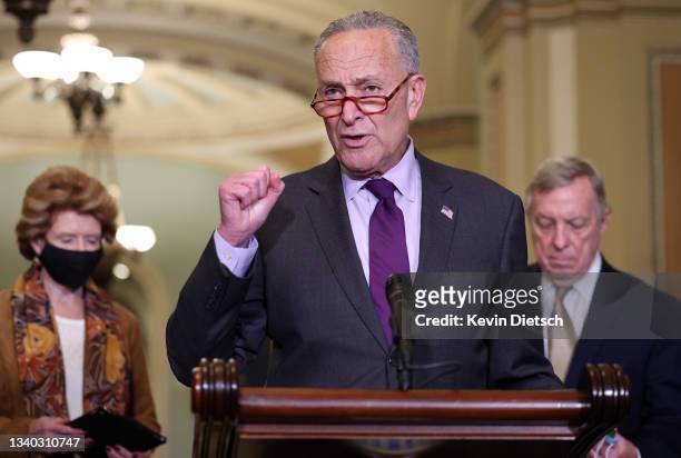 Senate Majority Leader Charles Schumer , joined by Sen. Debbie Stabenow and Sen. Richard Durbin speaks following a senate luncheon at the U.S....
