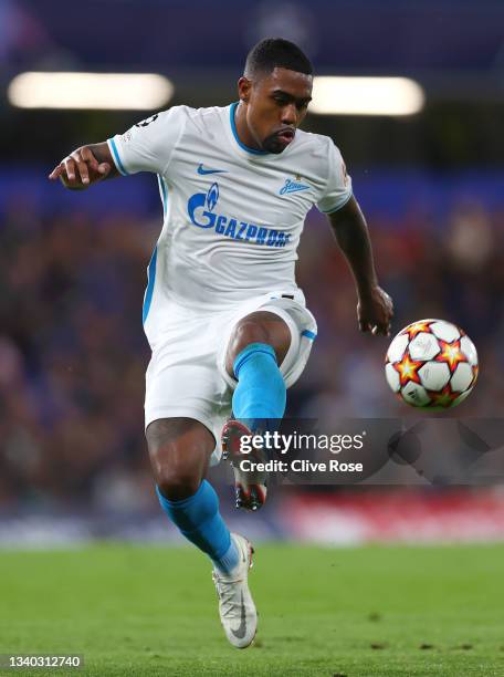 Malcom of Zenit St. Petersburg controls the ball during the UEFA Champions League group H match between Chelsea FC and Zenit St. Petersburg at...
