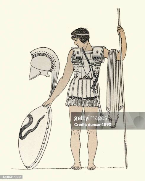 ilustraciones, imágenes clip art, dibujos animados e iconos de stock de antiguo guerrero hoplita griego soldado, escudo, casco, armadura - armadura