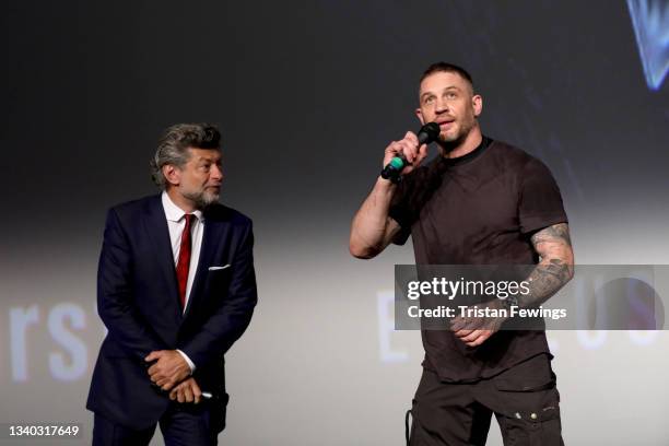 Andy Serkis and Tom Hardy on stage at the fan screening of "Venom: Let There Be Carnage" at Cineworld Leicester Square on September 14, 2021 in...