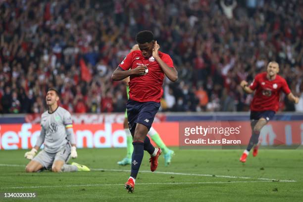 Jonathan David of Lille celebrates scoring a goal which is later disallowed by VAR during the UEFA Champions League group G match between Lille OSC...
