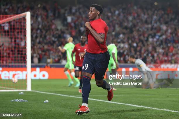 Jonathan David of Lille celebrates scoring a goal which is later disallowed by VAR during the UEFA Champions League group G match between Lille OSC...