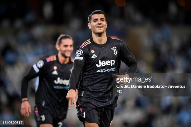 Alvaro Morata of Juventus celebrates after scoring his team's third goal during the UEFA Champions League group H match between Malmo FF and Juventus...
