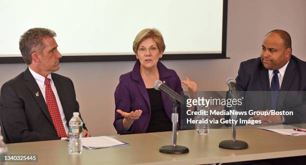 Sen. Elizabeth Warren chats with Northern Essex Community College President Lane Glenn and Lawrence Mayor Daniel Rivera on Friday, May 01, 2015...