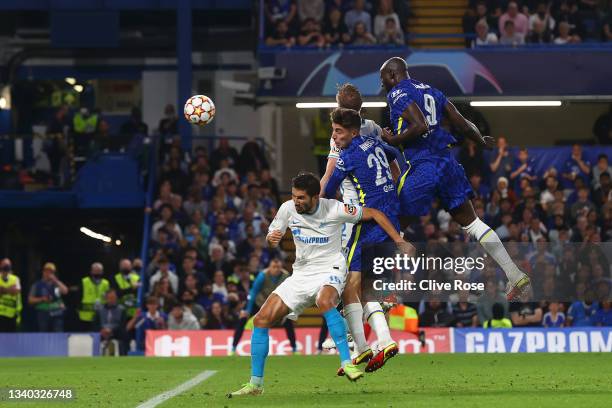 Romelu Lukaku of Chelsea scores their side's first goal during the UEFA Champions League group H match between Chelsea FC and Zenit St. Petersburg at...