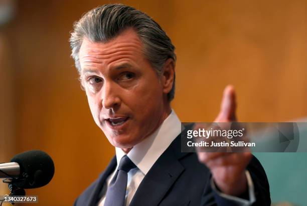 California Gov. Gavin Newsom speaks to union workers and volunteers on election day at the IBEW Local 6 union hall on September 14, 2021 in San...