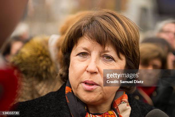 Frnech Socialist Party First Secretary Martine Aubry attends a tribute to Danielle Mitterrand at Pont des Arts on November 24, 2011 in Paris, France....