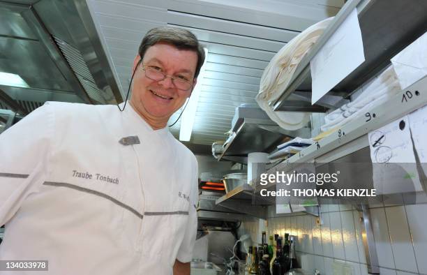 Chef Harald Wohlfahrt poses in the kitchen of his restaurant Schwarzwaldstube in the hotel Traube Tonbach in Baiersbronn in the Black Forest,...