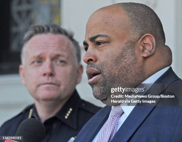 Lawrence Mayor Dan Rivera speaks to media on Thursday,April 28, 2016 during press conference at Lawrence City Hall as Lawrence Police Chief James...