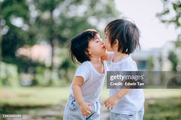 cute asian chinese twin baby boys bonding time kissing at lawn public park - cute twins stockfoto's en -beelden