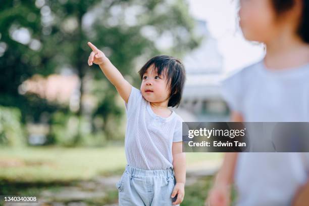 menino gêmeo chinês asiático apontando e olhando para longe com seu irmão no parque público gramado durante a perseguição de recreação fim de semana - baby pointing - fotografias e filmes do acervo