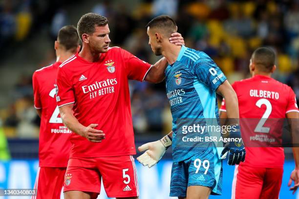 Jan Vertonghen and Odisseas Vlachodimos of Benfica talk during the UEFA Champions League match between FC Dynamo Kiev and SL Benfica at NSC...