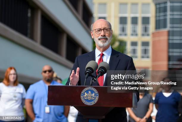 Reading, PA Pennsylvania Gov. Tom Wolf speaks during the press conference. At the Reading Area Community College campus in Reading, PA Tuesday...