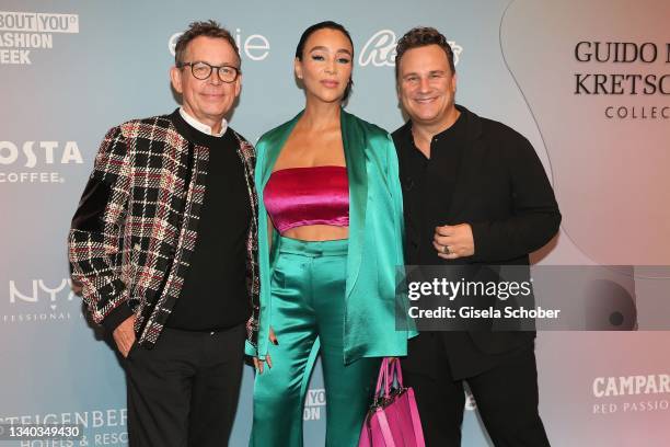 Frank Mutters, Verona Pooth and Fashion designer Guido Maria Kretschmer attend the Guido Maria Kretschmer show during the ABOUT YOU Fashion Week...