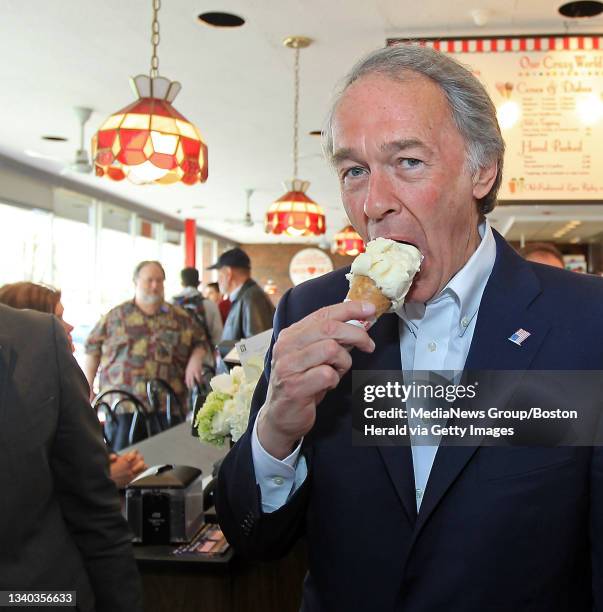 Democratic senate canidate and Mass Congressman Ed Markey comps down on a vanilla ice cream cone as he greets supporters at Cabot's Ice Cream on...