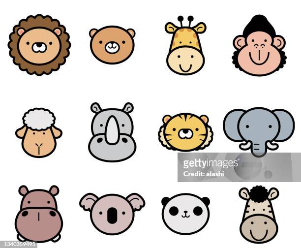 cute animals icon set in color pastel tones - lion head illustration stock illustrations