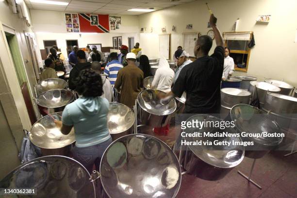 Steel Drum band practice in anticipation of Carribbean American Heritage Month. The band of approximately 25, practices at 324 Harvard st in...