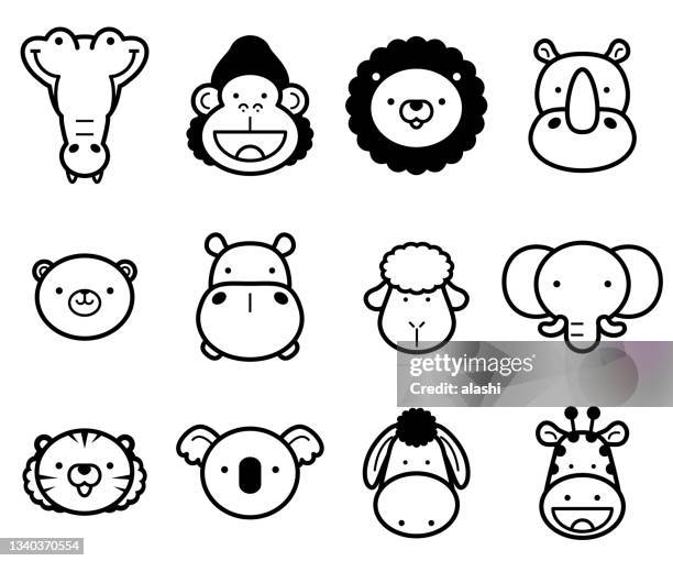 illustrations, cliparts, dessins animés et icônes de icône cute animals en noir et blanc - lion and gorilla