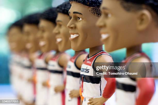 In this image released on August 23 the bobblehead toy figures of Rui Hachimura of the Washington Wizards are displayed at the NEC Corporation...