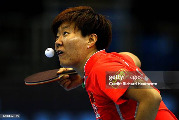 Yan Guo of China in action against Mi Young Park of Korea in the Women's Singles during the ITTF Pro Tour Table Tennis Grand Finals at the ExCel on...