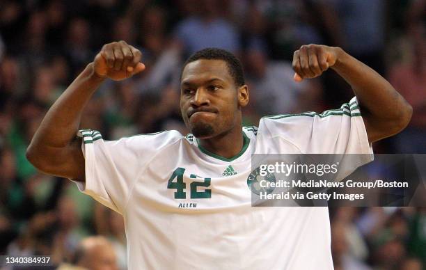 Boston Celtics guard Tony Allen celebrates in the third quarter of the Eastern Conference Semifinals NBA basketball game at the TD Garden Thursday,...