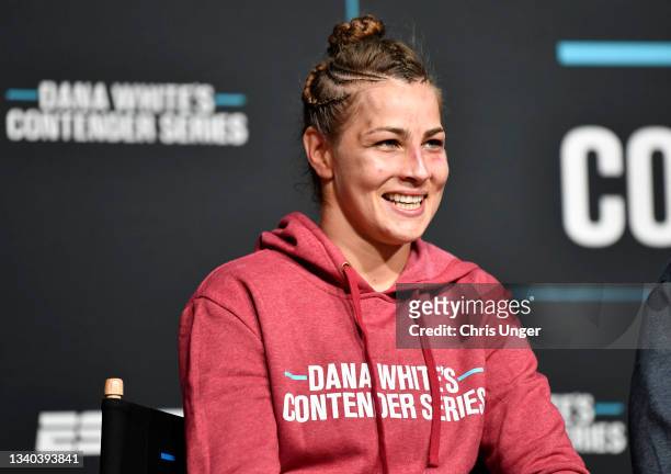 Jasmine Jasudavicius reacts after being awarded a UFC contract during Dana White's Contender Series season five week three at UFC APEX on September...