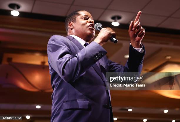 Gubernatorial recall candidate Larry Elder speaks to supporters at an election night event on September 14, 2021 in Costa Mesa, California....