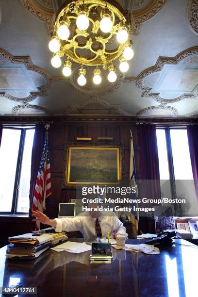 Springfield, MA) A look at the economic situation in Springfield .Springfield Mayor Domenic J . Sarno in his City Hall office.. Staff Photo by Nancy...
