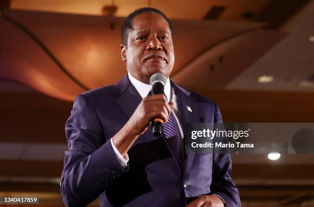 Gubernatorial recall candidate Larry Elder speaks to supporters at an election night event on September 14, 2021 in Costa Mesa, California....