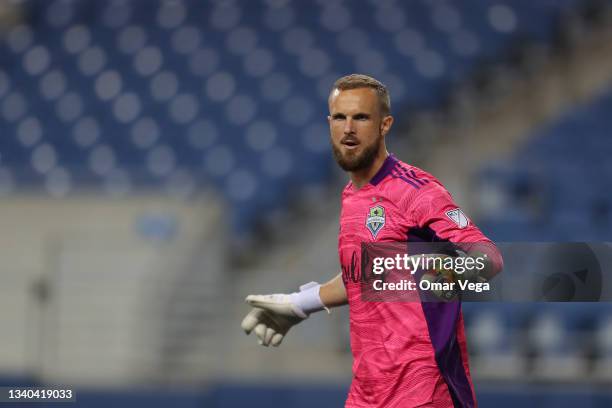 Goalkeeper Stefan Frei of Seattle Sounders FC gestures during the semi-final Leagues Cup between Seattle Sounders FC and Santos Laguna at Lumen Field...