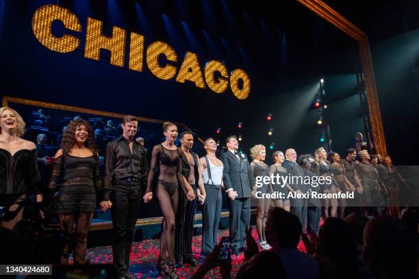 Paulo Szot, Ana Villafañe, and Bianca Marroquín and the cast on stage during "Chicago" at Ambassador Theatre on reopening night on September 14, 2021...