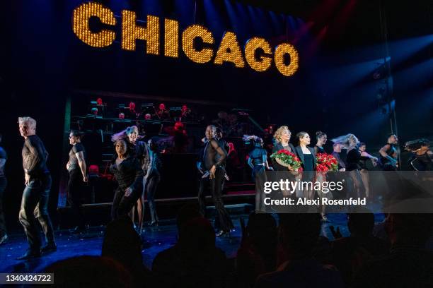 Ana Villafañe, Bianca Marroquín and the cast on stage during "Chicago" at Ambassador Theatre on reopening night on September 14, 2021 in New York...