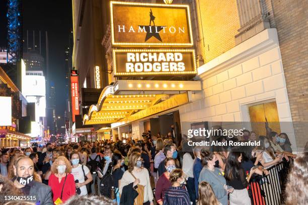 Patrons fill the street after Hamilton at The Richard Rodgers Theatre on reopening night on September 14, 2021 in New York City. Four major musicals...